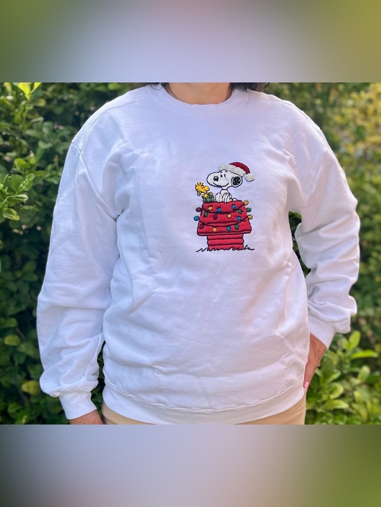 Gildan Sweaters - Hand Embroidered Snoopy Christmas sweatshirt | White Unisex Crewneck | Handmade
